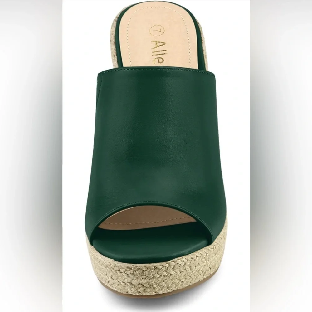 Allegra K Slip on Platform Sandals Espadrilles Wedges Slides Mules, Dark Green 9
